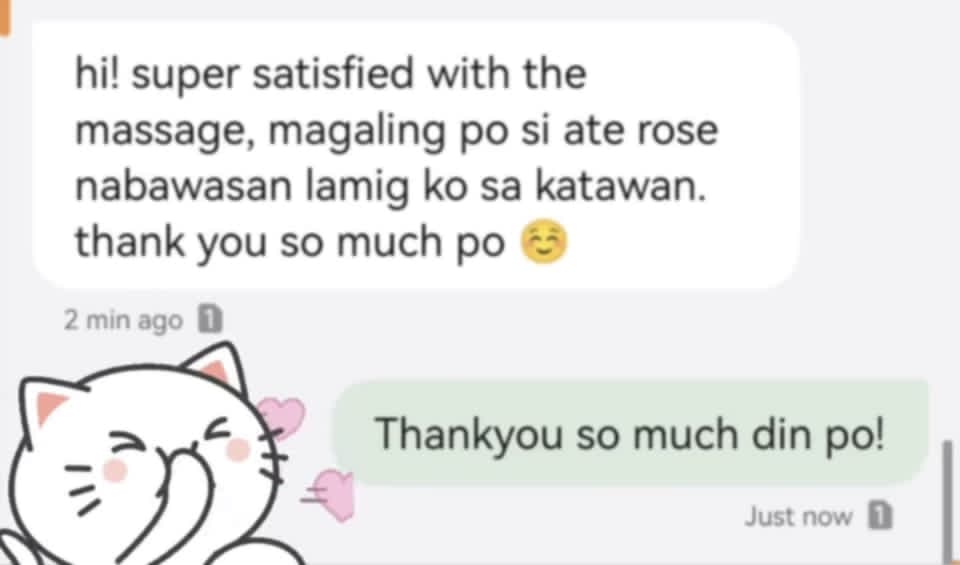 Guest feedback — super satisfied with the massage
